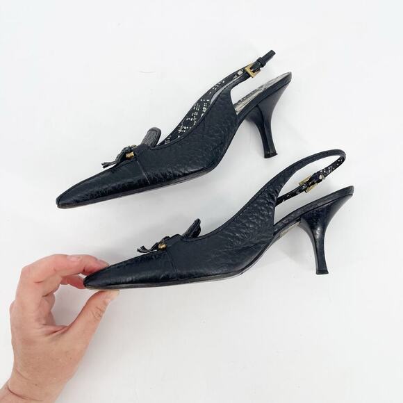 Retro Prada Black Pebbled Leather Fringe Detail Square Toe Slingback Heel IT 37 - Picture 4 of 12